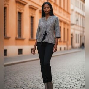 Talbots Textured Gray Blazer with Black Bow Tie Front Cotton Blend Size 16